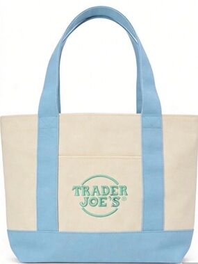Trader Joe's Cream Canvas Tote with Light Blue Trim 10”h x 13”w